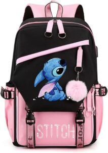 💫Mochila escolar, para Mujeres y Niñas, USB, De Gran Capacidad, informal, de Stitch, Rosa, multicolor, 46x29x16cm 💫