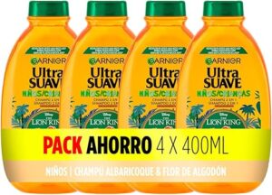 💫Garnier Ultra Suave, Champú 2 en 1 de Albaricoque y Flor de Algodón para Niños, Fácil de Desenredar, No Pica en Los Ojos, Sin Tirones, Pack 4x400ml 💫