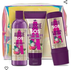 💜 Aussie Sos. Set de regalo con neceser, mascarilla pelo seco y dañado, acondicionador y champú de hidratación y brillo.