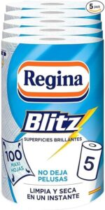 💫Regina Blitz Papel de Cocina | 5 Rollos | 100 Maxi-Hojas de 3 Capas | Ideal para Limpiar Superficies Domésticas | Sin Pelusas | Embalaje de Papel Reciclable | Papel 100% Certificado FSC 💫