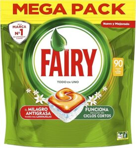 💫 Fairy, Todo En Uno, 90 cápsulas Lavavajillas, Elimina Grasa Reseca, Fragancia Naranja💫