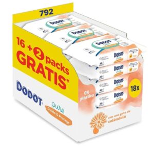 🚼 Dodot Pure Cuida y Protege. 18 paquetes de toallitas con caléndula. Con un total de 792 toallitas.