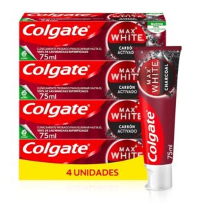 Colgate Max White con carbón activado. Pack de 4 tubos de pasta de dientes blanqueadora.