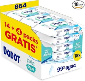 💫Dodot Toallitas Pure Aqua para Bebé, 99% Agua, 100% Fibras de Origen Vegetal, 864 Toallitas, 18 Paquetes de 48 unidades 💫