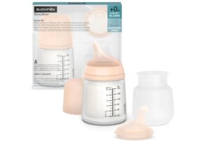 😀 Suavinex, Set Biberón Anticólicos Zero Zero. Incluye Biberón Completo 180 ml con Tetina de Flujo Adaptable   Tetina y Bolsa Interior de Silicona de Recambio.