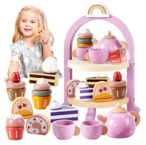 💖 Precioso juego de te de madera para peques. Con postres, tetera, tazas.