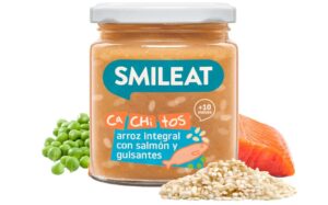 😀 Smileat | Tarrito Ecológico CACHITOS de Arroz Integral, Salmón y Guisantes | Para Bebés desde 10 Meses | Con Trocitos e Ingredientes Naturales | Sano y Saludable, Sin Gluten | 1 x 230 g.