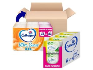 💠 Mega Pack Colhogar. 42 rollos de papel higiénico ultra suave   8 paquetes de papel húmedo aloe vera con un total de 640 uds.