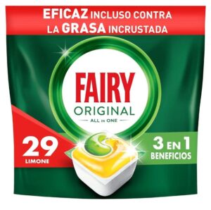 🌟 Fairy original todo en uno. 29 cápsulas limón para lavavajillas.