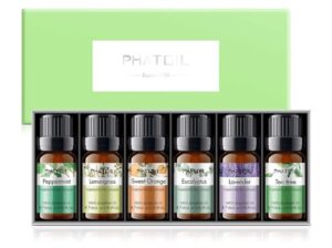 🏵️ Set de 6 aceites esenciales con aromas de eucalipto, lavanda, menta, Tee Tree, naranja y lemongrass.