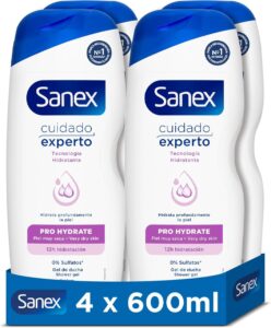 💫Sanex Cuidado Experto Pro Hydrate Gel de Ducha, Pack 4 Uds x 600ml, Fórmula con Prebiótico Natural, Hidrata Profundamente la Piel, 12H Hidratación, 0% Sulfatos, para Piel Muy Seca 💫