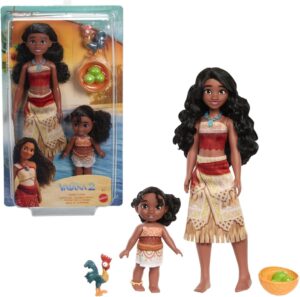 💫Mattel Disney Vaiana 2 Juguetes, Conjunto de 2 muñecas hermanas con atuendos característicos, mascota Heihei, accesorios de coco y cesta inspirados en la película, JBT66 💫