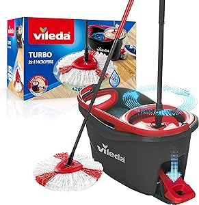 💫Vileda Turbo, Juego de Fregona y Cubo con Pedal, Mango Telescópico 85-123 cm, Cabezal de Microfibra 2 en 1 💫