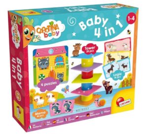 🌟 Carotina Baby. Set de 4 juegos en 1 para peques de 2 a 4 años. Incluye torre de equilibrio, memoria y juegos de lógica.