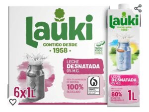 🥛Leche Lauki desnatada. Caja con 6 bricks de 1L.
