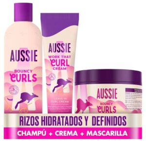 🟣 Aussie Pack Especial Bouncy Curls. Champú hidratante, mascarilla capilar con o sin aclarado y crema definidora de rizos.