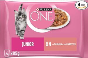 💫PURINA ONE Bifensis Comida Húmeda para Gatito, Junior, bebé, de hasta 1 año con Salmón y Zanahorias, 4 sobres de 85g 💫