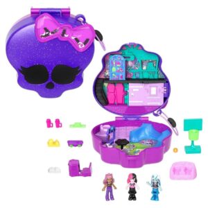 🟣 Polly Pocket. Estuche Monster High con 3 muñecas y accesorios.