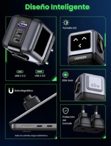 🐟 Cargador Ugreen Nexode RG con puerto USB, 2 puertos USB-C y divertida pantalla LED