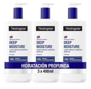 🌞 Neutrogena Fórmula Noruega hidratación profunda. Loción corporal de absorción rápida, con Pro-ceramida y glicerina. Pack de 3 botes de 400ml.