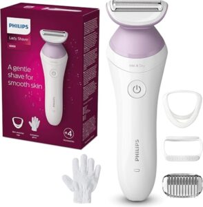 💫Philips Afeitadora de Mujer Serie 6000, 4 accesorios, Incluye Guante Exfoliante, Peine Guia y Cepillo de Limpieza, BRP136/00, Blanco 💫