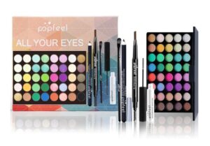 🌟 Kit de maquillaje con paleta de sombras, máscara de pestañas, lápiz marrón y pincel.