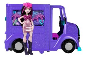 🟣 Monster High Fangtastic. Camión restaurante musical y muñeca Draculaura. Escenario extraíble y accesorios musicales.