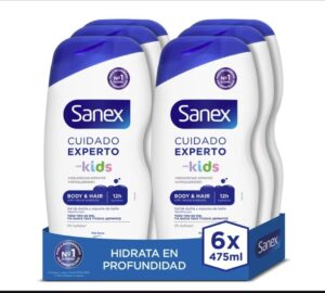 🖤 Pack 6 Uds Sanex Cuidado Experto Kids Gel de Ducha, Para Niños, Hipoalergénico, 12H de Hidratación, Aprobado por Pediatras, 475ml.