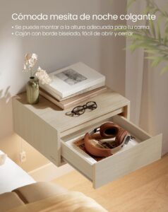 🏡VASAGLE Mesita de Noche Colgante, Juego de 2, Luz con 3 Pantallas, Estante de Pared con Cajón, 35 x 40 x 18 cm