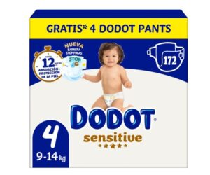 🖤 Dodot Pañales Bebé Sensitive, Talla 4 (9-14 kg), 172 Pañales   4 Pants de Regalo.