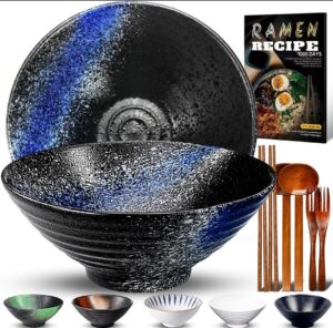 🐟 Juego de 2 tazones de cerámica para ramen con recetas, palillos, tenedores y cucharas