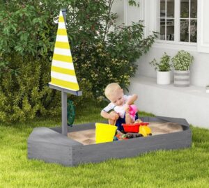 🤩 Arenero infantil de madera con forma de velero. Lleva timón y bandera. Medidas: 190x90x138cm.