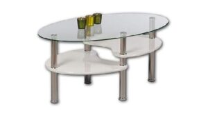 🩶 Stella Trading Panty café Ovalada Dos estantes, Color Blanco Brillante, Amplia Mesa de Cristal para su salón, Vidrio Madera, 90 x 42 x 55 cm