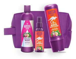 🟣 Aussie SOS Repair. Neceser con champú, spray y mascarilla. Para pelo seco y dañado.