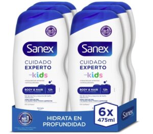 😀 Pack 6 uds Sanex Cuidado Experto Kids, Gel Para Niños, Hipoalergénico, 12H de Hidratación, 475ml.