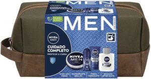 💫NIVEA MEN Pack Cuidado Completo Neceser, Set de regalo para hombre con crema facial (1 x 75 ml) crema hidratante todo el cuerpo (1 x 150 ml), bálsamo after shave (1 x 100 ml), desodorante (1 x 100 ml) 💫