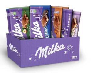😀 Pack 10 Caja de tabletas Milka, Surtido de 5 sabores, Oreo, con Leche, Caramelo, Avellana troceada,100 g.