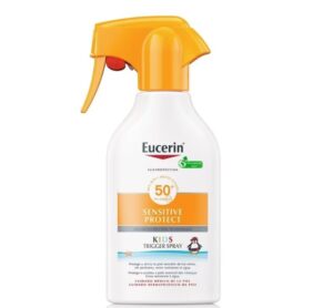 😮 Eucerin Sun Kids Sensitive Protect Spray Trigger FPS50  (250 ml), filtros UV, protector solar infantil en spray resistente al agua, para pieles sensibles.